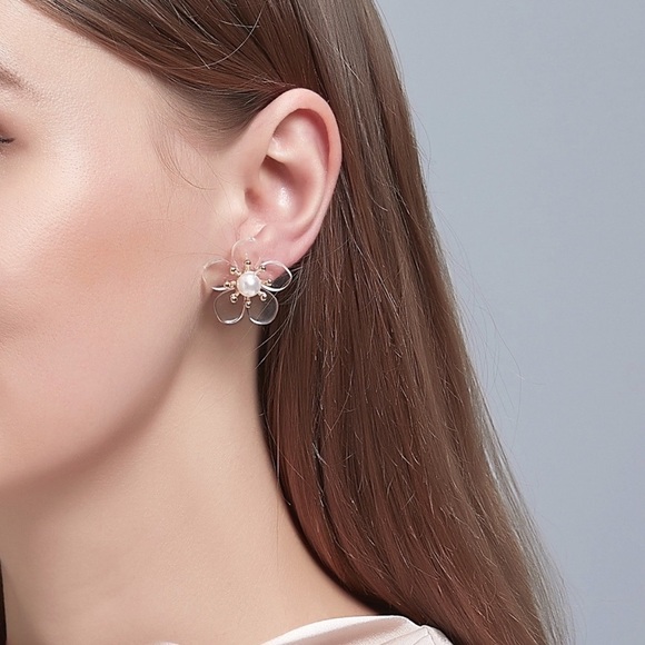 Any 4/$25! Translucent Flower Pearl Stud Earrings - Picture 2 of 10